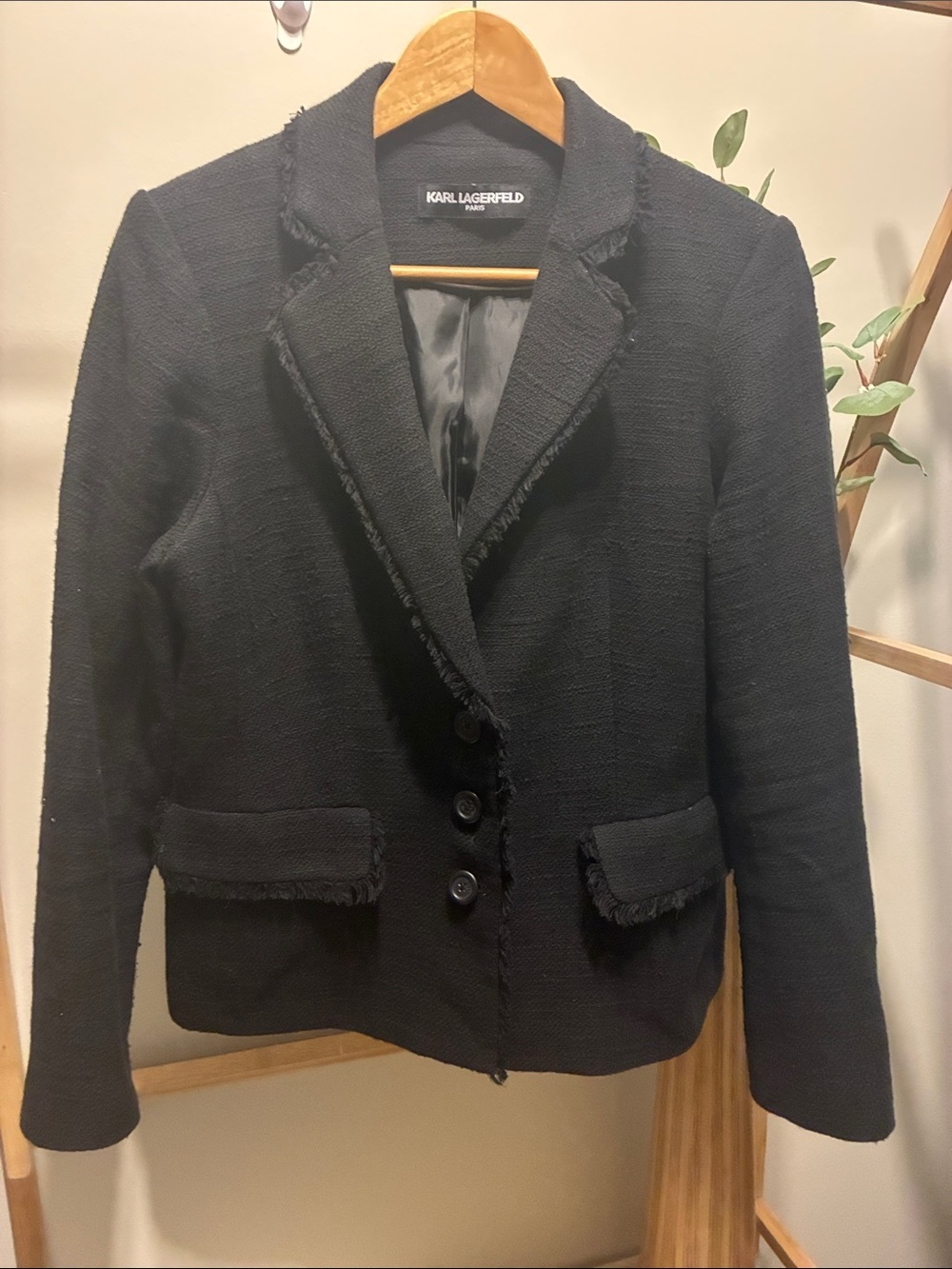 Karl Lagerfeld Black Fringe-Trim Tweed Blazer
